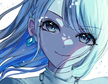 Rule 34 | 1girl, 7naako5, azusawa kohane, blue hair, chain, chain necklace, close-up, closed mouth, commentary request, diamond-shaped earrings, grey eyes, highres, jewelry, long hair, looking at viewer, necklace, official alternate hair length, official alternate hairstyle, project sekai, simple background, smile, solo, turtleneck, v-shaped eyebrows, whip the wimp girl!! (project sekai), white background