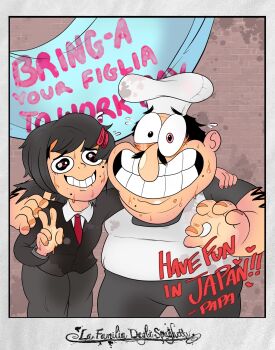 1boy 1girl arm_around_shoulder chainsaw_man chef_hat collared_shirt crossover dirty dirty_clothes drememoto english_text eye_twitch father_and_daughter grin hair_ornament hairclip hat higashiyama_kobeni highres italian_text mixed-language_text multiple_moles necktie nervous_smile ok_sign orange_nails peppino_spaghetti pizza_tower red_necktie shirt single_sidelock smile sweat trait_connection v