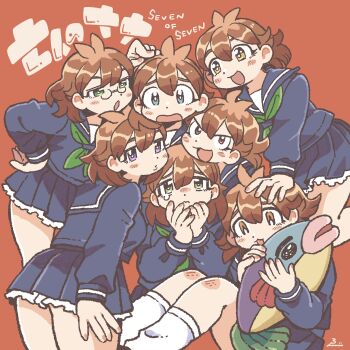 Rule 34 | 6+girls, :3, antenna hair, blue eyes, blue sailor collar, blue serafuku, blue shirt, breasts, brown eyes, brown hair, commentary request, copyright name, ebiebi, frown, glasses, green eyes, green neckerchief, hand on own hip, hands up, highres, holding, holding stuffed toy, large breasts, looking at another, looking at viewer, looking back, medium hair, miniskirt, multiple girls, multiple persona, nanacchi, nanakko, nanapon, nanappe, nanarin, nanasama, neckerchief, open mouth, own hands together, pince-nez, poking, poking head, puckered lips, purple eyes, red background, red eyes, sailor collar, school uniform, serafuku, shichinin no nana, shirt, signature, simple background, sitting, skirt, smile, stuffed animal, stuffed fish, stuffed toy, surrounded, suzuki nana, tearing up, translation request, v-shaped eyes, worried