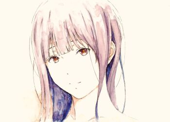 Rule 34 | 1girl, absurdres, bbmasa, closed mouth, collarbone, commentary, hibike! euphonium, highres, light smile, liz to aoi tori, long hair, looking at viewer, pink background, portrait, purple hair, red eyes, simple background, solo, traditional media, yoroizuka mizore