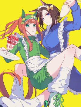 2girls absurdres adapted_costume admire_vega_(umamusume) admire_vega_(umamusume)_(cosplay) air_groove_(umamusume) alternate_costume alternate_hairstyle animal_ears apron blue_eyes blue_jacket blue_skirt blunt_bangs blush bow breasts brown_hair cosplay curren_chan_(umamusume) curren_chan_(umamusume)_(cosplay) ear_bow ear_covers enmaided flat_chest food frilled_shorts frilled_skirt frills full_body green_eyes green_jacket green_shorts hairband highres hime_cut holding holding_pastry_bag holding_plate holding_tray horse_ears horse_girl horse_tail horseshoe ice_cream jacket jersey_maid large_breasts long_hair looking_at_viewer loose_socks maid maid_apron maid_headdress multiple_girls orange_hair parfait pastry_bag plate ponytail roller_skates shoes short_hair shorts side_ponytail silence_suzuka_(umamusume) simple_background skates skirt socks strawberry_parfait sugamo_(rainysnowy108) sundae tail track_jacket tray umamusume unconventional_maid white_apron white_shoes white_socks yellow_background yellow_bow