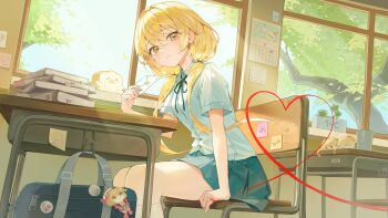 1girl absurdres asahina_cherii bag bag_charm black_ribbon blonde_hair blue_skirt book bread breasts calendar_(object) chair charm_(object) collared_shirt commentary cup desk envelope food h0kori hair_between_eyes hanavi highres holding holding_envelope kneehighs korean_text long_hair looking_at_viewer low_twintails medium_breasts neck_ribbon pencil pleated_skirt red_ribbon ribbon school_bag school_chair school_desk school_uniform shirt sitting skirt sky socks solo sticky_note textbook thighhighs tree twintails untranslatable_commentary virtual_youtuber white_shirt white_socks window yellow_eyes