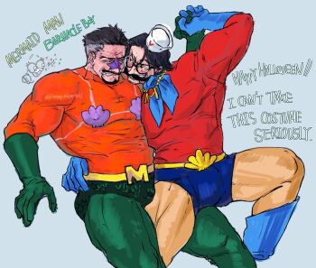 Rule 34 | 2boys, bara, barnacle boy, barnacle boy (cosplay), blush, bulge, burning nipple, cosplay, couple, covered erect nipples, english text, facial hair, feet out of frame, foreplay, glasses, gloves, goatee, gol d. roger, halloween, halloween costume, highres, jewelry, large pectorals, leg between thighs, male focus, mature male, mermaid man, mermaid man (cosplay), monkey d. garp, multiple boys, muscular, muscular legs, muscular male, old, old man, one piece, pectorals, pendant, seductive smile, short shorts, shorts, smile, spongebob squarepants (series), spread legs, thick eyebrows, thighs, yaoi