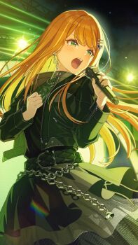 belt blonde_hair chain cloud earrings gakuen_idolmaster game_cg green_eyes hair_ornament hairclip holding holding_microphone idol_clothes idolmaster jacket jewelry microphone multicolored_hair nail_polish necklace official_art open_mouth orange_hair shiun_sumika stage_lights zipper