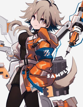 1girl absurdres ahoge arknights armband belt black_pantyhose black_sweater blue_armband breasts brown_eyes brown_hair earphones eee028 feet_out_of_frame hair_between_eyes highres hood hoodie id_card jacket looking_to_the_side mayer_(arknights) mechanical_arms medium_breasts orange_hoodie orange_jacket orange_shoes otter_tail pantyhose ribbed_sweater shoes short_hair_with_long_locks simple_background solo sweater tail turtleneck turtleneck_sweater white_background white_belt