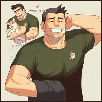 1boy ace_attorney animal arm_behind_head bara black_hair chiha_bobobo closed_eyes commentary_request dick_gumshoe dog facial_hair goatee_stubble green_shirt grin happy highres holding holding_animal holding_dog male_focus mature_male missile_(ace_attorney) multiple_views pencil_behind_ear shiba_inu shirt short_hair smile stubble twitter_username upper_body