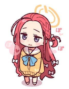 1girl blue_archive blue_bow blue_bowtie blue_eyes blush bow bowtie cardigan chibi chibi_only closed_mouth commentary forehead full_body hair_bow halo jaggy_lines long_hair long_sleeves multiple_hair_bows red_hair sailor_collar school_uniform serafuku shoes simple_background sleeves_past_fingers sleeves_past_wrists solo standing wavy_mouth white_background white_bow white_sailor_collar white_shoes yellow_cardigan yellow_halo yoru_nai yuzu_(blue_archive)
