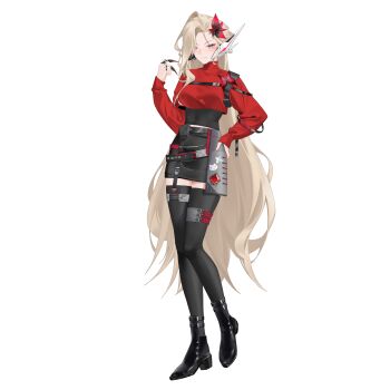 1girl absurdres alternate_costume belt blonde_hair boots breasts chest_strap commission commissioner_upload covered_navel crop_top eyelashes flower full_body genshin_impact hair_flower hair_ornament hand_on_own_hip high_heel_boots high_heels highres light_smile long_bangs long_hair long_sleeves looking_at_viewer mature_female mechanical_ears medium_breasts non-web_source petite pink_eyes rhan signora_(genshin_impact) skirt solo thigh_strap thighhighs transparent_background vision_(genshin_impact)