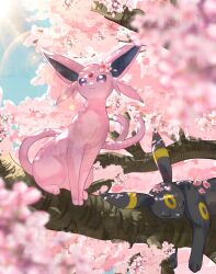 animal_focus black_fur cherry_blossoms espeon forehead_jewel forked_tail gen_2_pokemon highres lvli_x2 nintendo no_humans pokemon pokemon_(creature) purple_eyes sleeping tail tree umbreon