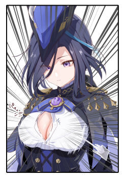 1girl absurdres black_corset black_hair blue_cape blue_hat border bra_visible_through_clothes breasts bursting_breasts cape clorinde_(genshin_impact) closed_mouth commentary_request corset epaulettes flying_button genshin_impact gloves hat hat_feather highres kabu_usagi large_breasts long_hair popped_button purple_eyes solo tricorne upper_body vision_(genshin_impact) wardrobe_malfunction white_border white_gloves