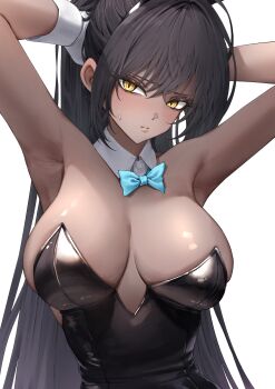 1girl absurdres animal_ear_hairband animal_ears armpits arms_behind_head arms_up black_hair blue_archive bow bowtie breasts commentary_request dark-skinned_female dark_skin detached_collar fake_animal_ears hairband highres karin_(blue_archive) karin_(bunny)_(blue_archive) large_breasts looking_at_viewer mikelee0614 playboy_bunny rabbit_ear_hairband rabbit_ears simple_background solo traditional_bowtie white_background yellow_eyes