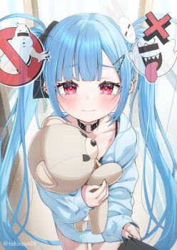 1girl artist_name black_choker black_nails black_ribbon blue_hair blue_hoodie blush censored censored_identity choker closed_mouth collarbone commentary_request ear_piercing ghostbusters hair_ornament hair_ribbon hairclip hickey highres holding holding_stuffed_toy hood hood_down hoodie jewelry kanae_(tsukiman) long_hair looking_at_viewer nail_polish o-ring o-ring_choker original piercing rabbit_hair_ornament red_eyes ribbon ring sleeves_past_wrists solo_focus straight-on stuffed_animal stuffed_toy tearing_up tears teddy_bear tsukiman twintails twitter_username very_long_hair