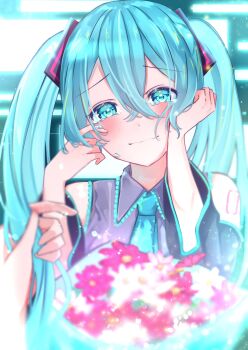 1girl aqua_eyes aqua_hair aqua_trim arm_tattoo black_sleeves blurry blurry_foreground blush buntason_(buritarooooo) closed_mouth collared_shirt commentary_request crying crying_with_eyes_open detached_sleeves flower grey_shirt hair_between_eyes hair_ornament hatsune_miku headset highres holding holding_another&#039;s_hair long_hair looking_at_viewer number_tattoo pink_flower pov pov_hands shirt smile solo_focus tattoo tears twintails upper_body very_long_hair vocaloid