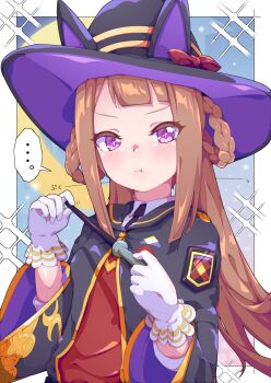 ... 1girl animal_ears black_necktie black_robe blush bow braid braided_hair_rings brown_hair closed_mouth collared_shirt crescent_moon gloves hair_rings hat hat_with_ears highres holding holding_wand horse_ears horse_girl kan_lee long_hair looking_at_viewer moon necktie purple_eyes red_bow red_sweater robe shirt solo sparkle speech_bubble spoken_ellipsis sweater sweep_tosho_(platanus_witch)_(umamusume) sweep_tosho_(umamusume) twintails umamusume upper_body wand white_gloves white_shirt witch_hat