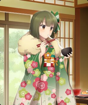 Rule 34 | 1girl, ban tsugumi, blunt ends, bow, bowl, checkered sash, chopsticks, cowboy shot, day, double-parted bangs, eating, floral print, floral print kimono, food, fur-trimmed kimono, fur trim, furisode, game cg, green bow, green hair, green kimono, hair bow, holding, holding bowl, holding chopsticks, indoors, japanese clothes, kimono, long sleeves, mochi, new year, obi, official art, print kimono, red sash, sash, shouji, sliding doors, solo, striped bow, table, third-party source, toji no miko, toji no miko: kizamishi issen no tomoshibi, tray, white sash, wide sleeves, window, yellow eyes