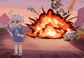Rule 34 | 1boy, 3girls, ahoge, alternate costume, animal ears, bennett (adventures in blazing hue) (genshin impact), bennett (genshin impact), blue hair, blue shirt, commentary, explosion, food, furina (genshin impact), genshin impact, hand fan, holding, holding fan, holding food, holding ice cream, ice cream, jaguar ears, jaguar girl, jaguar tail, mavuika (genshin impact), multiple girls, red hair, shirt, shorts, sunglasses, tail, untranslatable commentary, white hair, white shorts, xilonen (genshin impact), xinzoruo