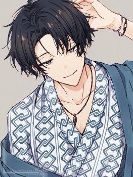 1boy arm_up black_hair bracelet character_request closed_mouth commentary copyright_request eyeshadow fingernails grey_background highres japanese_clothes jewelry kimono looking_at_viewer makeup male_focus mole mole_under_eye necklace short_hair simple_background smile solo symbol-only_commentary teeth upper_teeth_only yukiomi_frog