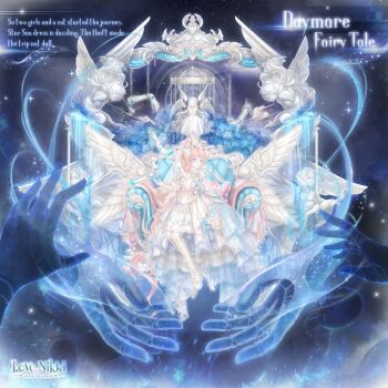 Rule 34 | 1girl, absurdly long hair, ankle bow, ankle ribbon, apron, armchair, artist request, birdcage, blue dress, blue eyes, blunt bangs, bow, cage, chair, character name, cherub, classic lolita, closed mouth, copyright logo, daymare fairy tale (miracle nikki), disembodied hand, doll joints, dress, empty eyes, english text, expressionless, fingerless gloves, frilled dress, frills, gloves, hair bow, hair flowing over, hand on own chin, high heels, joints, large bow, light particles, logo, lolita fashion, long dress, long hair, looking at viewer, marking on cheek, miracle nikki, nikki (series), official art, on chair, orange hair, pantyhose, pleated skirt, print skirt, puffy short sleeves, puffy sleeves, ribbon, shoes, short sleeves, sitting, skirt, skirt under dress, solo, space, sparkle, statue, third-party source, very long hair, wavy hair, white apron, white bow, white pantyhose, white shoes, white skirt