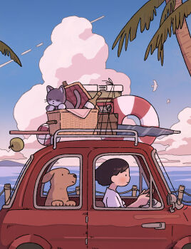 Rule 34 | . ., 1girl, absurdres, animal, apple, black hair, blue sky, bottle, car, cat, closed mouth, closed umbrella, cloud, commentary, contrail, day, dog, driving, english commentary, food, fruit, highres, horizon, innertube, marunoki, motor vehicle, ocean, original, outdoors, palm tree, parasol, pet, picnic basket, radio, red car, shirt, short hair, short sleeves, sky, slice of life, solo, summer, swim ring, tree, umbrella, white shirt