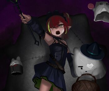 1girl arknights bandaid bandaid_on_cheek bandaid_on_face bare_shoulders black_bonnet black_choker black_dress bonnet braid brown_eyes choker commentary detached_sleeves dress earrings green_hair holding holding_rod jewelry long_hair looking_at_viewer misonomi multicolored_hair open_mouth pointy_ears puppet_dancer_(arknights) red_hair rod solo streaked_hair tecno_(arknights) two-sided_fabric two-sided_skirt