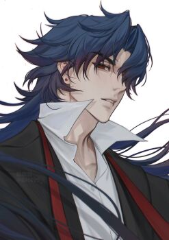 1boy bh495 black_jacket blade_(honkai:_star_rail) blue_hair collared_shirt earrings floating_hair hair_over_one_eye hashtag-only_commentary highres honkai:_star_rail honkai_(series) jacket jewelry long_hair looking_to_the_side male_focus necktie one_eye_covered open_clothes open_collar open_jacket parted_bangs parted_lips piercing popped_collar red_eyes red_necktie shirt simple_background solo stud_earrings teeth undone_necktie upper_body very_long_hair watermark white_background white_shirt