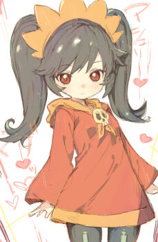 1girl ashley_(warioware) black_hair black_pantyhose blush character_name closed_mouth commentary_request dress gorirago hairband heart highres long_hair long_sleeves looking_at_viewer neckerchief nintendo orange_hairband orange_neckerchief pantyhose red_dress red_eyes sidelocks simple_background skull_brooch solo twintails warioware white_background
