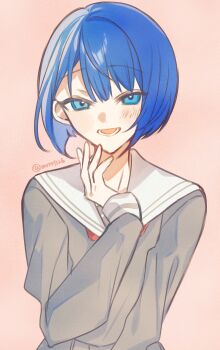 1girl absurdres blue_eyes blue_hair blush bob_cut commentary grey_serafuku grey_shirt grey_skirt hand_up hatori_naco highres kiritani_haruka long_sleeves looking_at_viewer lower_teeth_only miyamasuzaka_girls&#039;_academy_school_uniform neckerchief open_mouth pink_background pleated_skirt project_sekai red_neckerchief sailor_collar school_uniform serafuku shirt short_hair sidelocks simple_background skirt sleeve_cuffs smile solo symbol-only_commentary teeth tsurime twitter_username upper_body white_sailor_collar