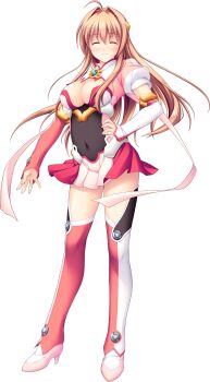 1girl ahoge angel_tear blush boots breasts brown_hair chest_jewel cleavage closed_eyes covered_navel elbow_gloves full_body game_cg gloves hand_on_own_hip high_heels highres large_breasts large_variant_set long_hair magical_girl maishima_yuri nerawareta_megami_tenshi_angel_tear non-web_source official_art skirt smile solo standing thigh_boots thighhighs transparent_background tsukumo_kazuita variant_set zettai_ryouiki