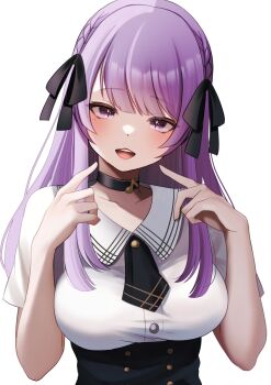 Rule 34 | 1girl, absurdres, ascot, black ascot, black choker, black ribbon, black skirt, braid, breasts, choker, collarbone, collared shirt, create8, hair ribbon, high-waist skirt, highres, indie virtual youtuber, long hair, musical note, open mouth, otsuka ray, purple eyes, purple hair, ribbon, sailor collar, shirt, skirt, slit pupils, solo, teeth, upper body, upper teeth only, virtual youtuber, white sailor collar, white shirt