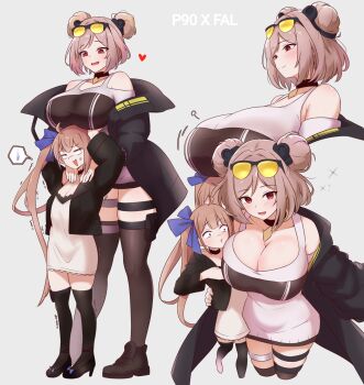 Rule 34 | 2girls, age difference, ahoge, alternate body size, amogan, anger vein, angry, bare shoulders, black coat, black jacket, black shoes, black thighhighs, blue bow, blue eyes, blue ribbon, bow, breast rest, breasts, brown hair, brown thighhighs, carried breast rest, carrying, character name, choker, cleavage, coat, commentary, commission, cropped legs, cropped torso, double bun, dress, english commentary, eyewear on head, fal (girls&#039; frontline), footwear bow, from above, from side, full body, girls&#039; frontline, grey background, hair bun, hair ribbon, heart, highres, huge breasts, jacket, large breasts, light blush, long hair, looking at viewer, multiple girls, multiple views, off-shoulder coat, off shoulder, onee-loli, open mouth, p90 (girls&#039; frontline), pixiv commission, red eyes, ribbon, shoes, short hair, side ponytail, simple background, size difference, smile, sparkle, speech bubble, spoken sweatdrop, sunglasses, sweatdrop, tall female, thigh strap, thighhighs, tinted eyewear, trembling, very long hair, white dress, yellow-tinted eyewear