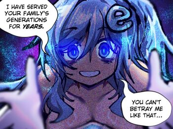 1girl bare_shoulders blue_background blue_eyes blue_hair breasts cleavage commentary double-parted_bangs english_commentary english_text gloves hair_between_eyes hair_ornament internet_explorer internet_explorer_(merryweather) internet_explorer_(webcomic) large_breasts logo logo_hair_ornament long_hair looking_at_viewer menacing merryweather one_side_up osiimi personification reaching reaching_towards_viewer smile solo speech_bubble straight-on talking upper_body white_gloves