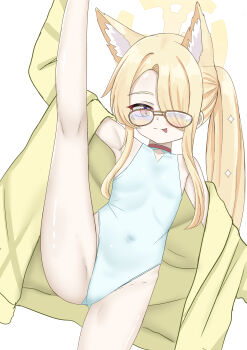 1girl :p alternate_costume alternate_hairstyle animal_ear_fluff animal_ears armpits bespectacled blonde_hair blue_archive breasts casual_one-piece_swimsuit choker covered_navel extra_ears fox_ears fox_girl fuseato glasses hair_over_one_eye halo highleg jacket kneepits leg_up loli long_hair looking_at_viewer one-piece_swimsuit open_clothes ponytail seia_(blue_archive) seia_(swimsuit)_(blue_archive) sidelocks simple_background small_breasts smile solo split standing standing_on_one_leg standing_split swimsuit tongue tongue_out white_background white_one-piece_swimsuit yellow_eyes yellow_halo yellow_jacket