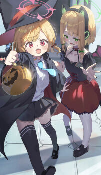 2girls absurdres alternate_costume animal_ear_headphones animal_ears bag bat_wings black_hat black_jacket black_nails black_shirt black_shoes black_skirt black_thighhighs blonde_hair blood blood_from_mouth blue_archive blue_necktie blush breasts cat_ear_headphones cat_ears collared_shirt cosplay eri_(blue_archive) eri_(blue_archive)_(cosplay) fake_animal_ears green_eyes green_halo halo hat headphones highres holding holding_bag jacket madai_(mappy) midori_(blue_archive) momoi_(blue_archive) multiple_girls necktie open_mouth pantyhose red_eyes red_skirt shirt shoes short_hair sidelocks skirt small_breasts teeth thighhighs upper_teeth_only white_pantyhose white_shirt wings witch_hat