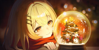 Rule 34 | 1girl, absurdres, beamed eighth notes, blonde hair, blurry, blurry background, brown eyes, center-flap bangs, closed mouth, commentary, double-parted bangs, eighth note, fortissimo, hair ornament, hairclip, highres, hololive, hololive dev is, ichijou ririka, juufuutei raden, long hair, musical note, musical note hair ornament, mypace0079, otonose kanade, red scarf, regloss (hololive), scarf, smile, snow globe, solo, symbol-only commentary, todoroki hajime, virtual youtuber