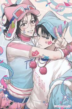 Rule 34 | 1boy, 1other, animal hat, arm around waist, arm tattoo, arm warmers, arms around neck, bead bracelet, beads, belt, belt buckle, black hair, blue belt, blue hat, blue jacket, bracelet, brown eyes, buckle, cat hat, closed mouth, commentary, fur-trimmed jacket, fur trim, furrowed brow, glasses, goggles, goggles on headwear, grey eyes, grin, hange zoe, hat, highres, jacket, jacket partially removed, jewelry, levi (shingeki no kyojin), long hair, lovewithyou 159, parted bangs, parted lips, pink arm warmers, pink hat, ponytail, shingeki no kyojin, shirt, short hair, smile, sticker, sticker on face, streamers, symbol-only commentary, t-shirt, tattoo, teeth, twitter username, upper body, v