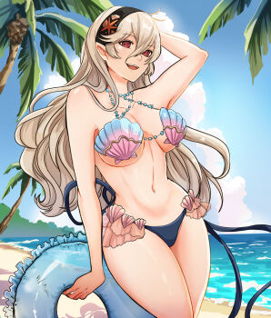 1girl :d absurdres bare_shoulders beach bikini black_hairband blue_sky breasts cloud collarbone commentary cowboy_shot day english_commentary female_corrin_(cipher_shell_bikini)_(fire_emblem) female_corrin_(fire_emblem) fire_emblem fire_emblem_cipher fire_emblem_fates grey_hair hair_between_eyes hairband highres holding holding_swim_ring innertube long_hair looking_at_viewer medium_breasts navel nintendo ocean official_alternate_costume open_mouth outdoors red_eyes shell shell_bikini sierra117renner sky smile solo standing stomach swim_ring swimsuit thighs underboob very_long_hair water wide_hips
