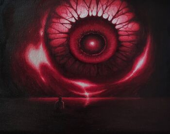 Rule 34 | blood, close-up, commentary, creature, eldritch abomination, english commentary, eye focus, eye veins, giant, highres, horror (theme), iron lung (movie), pool of blood, red theme, simon (iron lung), size difference, winter calamity