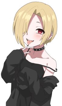 1girl bare_shoulders black_camisole black_hoodie black_nails blonde_hair blush camisole child collar collarbone ear_piercing fangs hair_over_one_eye halulu highres hood hoodie idolmaster idolmaster_cinderella_girls looking_at_viewer one_eye_covered open_clothes open_hoodie open_mouth piercing red_eyes shirasaka_koume short_hair simple_background smile solo spiked_collar spikes strap_slip tareme teeth tongue tongue_out tongue_piercing upper_body upper_teeth_only white_background