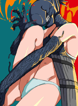 1girl absurdres anafuchi apron barefoot black_gloves bomb_devil_(chainsaw_man) breasts chainsaw_man dynamite elbow_gloves explosive gloves grey_apron highres knee_up navel object_head panties small_breasts solo teeth underwear white_panties