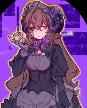 1girl animal_ears animification apple black_bonnet black_dress black_sclera bonnet bow brown_hair chinese_commentary colored_sclera commentary_request dress expressionless flower food fruit genderswap genderswap_(mtf) glitch gothic_lolita green_eyes hair_flower hair_ornament heterochromia highres holding holding_food holding_fruit horns itzsubz juliet_sleeves lanchi0226 lifesteal_smp lolita_fashion long_hair long_sleeves looking_at_viewer minecraft_youtube mismatched_sclera puffy_sleeves purple_bow purple_eyes purple_flower sheep_ears sheep_girl sheep_horns solo very_long_hair