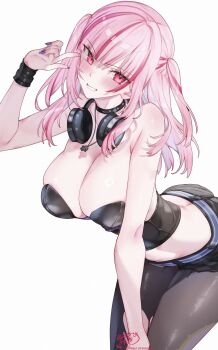 1girl absurdres artist_name bare_shoulders black_bustier black_choker black_pantyhose black_shorts black_wrist_cuffs blush breasts bustier choker cleavage collarbone commentary english_commentary grin headphones headphones_around_neck highres hololive hololive_english huge_breasts index_finger_raised jewelry kamiya_maneki leaning_forward long_hair looking_at_viewer mori_calliope mori_calliope_(rock_bunny) multicolored_hair nail_polish necklace pantyhose pink_eyes pink_hair pink_nails purple_nails shorts signature simple_background skull_necklace smile solo streaked_hair thighs torn_clothes torn_pantyhose twitter_username two-tone_hair two_side_up virtual_youtuber white_background wrist_cuffs