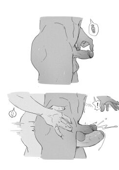 ! 2boys ass commentary cum ejaculation english_commentary foreskin hand_on_another&#039;s_thigh highres image_in_speech_bubble jacobneighbors linea_alba male_focus motion_lines multiple_boys original penis projectile_cum small_penis speech_bubble testicles thigh_sex yaoi