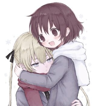 2girls absurdres blazer blonde_hair blue_eyes blush brown_eyes brown_hair expressionless hair_ribbon highres hug jacket jitome kill_me_baby killmint long_hair long_sleeves looking_at_another multiple_girls necktie open_mouth oribe_yasuna ribbon scarf school_uniform short_hair smile snowflakes sonya_(kill_me_baby) twintails