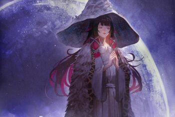 1girl absurdres alternate_costume black_hair closed_eyes closed_mouth coat columbina_(genshin_impact) cosplay dress elden_ring eye_mask fur_coat genshin_impact graffitigw hair_ornament hat head_wings highres large_hat long_hair mask moon multicolored_hair multiple_girls own_hands_together ranni_the_witch ranni_the_witch_(cosplay) smile solo two-tone_hair very_long_hair white_dress white_mask wings witch witch_hat