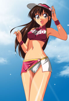 1girl 1990s_(style) arm_up armpits bare_shoulders blue_sky breasts brown_eyes brown_hair cameltoe clothes_writing cloud covered_erect_nipples cowboy_shot crop_top future_gpx_cyber_formula gentoku heart high_collar highres light_particles light_rays long_hair looking_at_viewer medium_breasts microskirt midriff miniskirt navel open_mouth panties pantyshot race_queen skirt sky smile solo sugou_asuka underwear visor_cap wristband