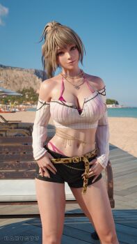 1girl 3d absurdres bare_shoulders beach bench bikini blonde_hair breasts brown_eyes chain darts77 dead_or_alive dead_or_alive_xtreme dead_or_alive_xtreme_venus_vacation from_below gold_necklace gyaru highres jewelry large_breasts looking_at_viewer navel necklace outdoors realistic sand shorts smile solo standing swimsuit yukino_(doa)
