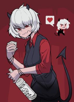 1girl @_@ ^^^ absurdres alcohol angle_8310 black_pantyhose black_skirt bottle breasts chibi closed_mouth cup demon_girl demon_horns demon_tail grey_hair heart helltaker highres holding holding_bottle holding_cup horns large_breasts malina_(helltaker) pantyhose pencil_skirt red_background red_eyes short_hair simple_background skirt solo spoken_heart tail vest vodka waistcoat wine_bottle