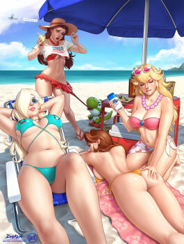 4girls applying_sunscreen ass beach beach_towel beach_umbrella bikini biting_own_lip blonde_hair blue_bikini breasts brown_hair character_print commentary cooler english_commentary eyewear_on_head hand_on_another's_ass hat highres holding_sunscreen large_breasts lotion lotion_bottle luma_(mario) mario_(series) microskirt multiple_girls nintendo orange_bikini princess_daisy princess_peach rosalina skirt straw_hat suddakka summer sunglasses sunscreen swimsuit towel umbrella untied_bikini_top yoshi yuri