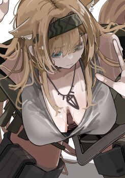 1girl absurdres animal_ear_fluff animal_ears arknights bare_shoulders black_hairband blonde_hair breasts cleavage commentary_request green_eyes grey_shirt hairband highres horn_(arknights) jewelry large_breasts long_hair necklace shirt solo sweat taiiiyakiii thighs very_long_hair wolf_ears wolf_girl