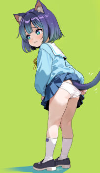 1girl akai_kuro animal_ears ass black_shoes blue_eyes blue_hair blue_shirt blue_skirt blush cat_ears cat_girl cat_tail clothes_lift embarrassed from_behind green_background highres loli long_sleeves mary_janes neck_ribbon original panties panty_pull peeing peeing_self puddle ribbon school_uniform shirt shoes short_hair skirt skirt_lift socks standing tail tears underwear wet wet_clothes wet_panties white_panties white_socks yellow_ribbon
